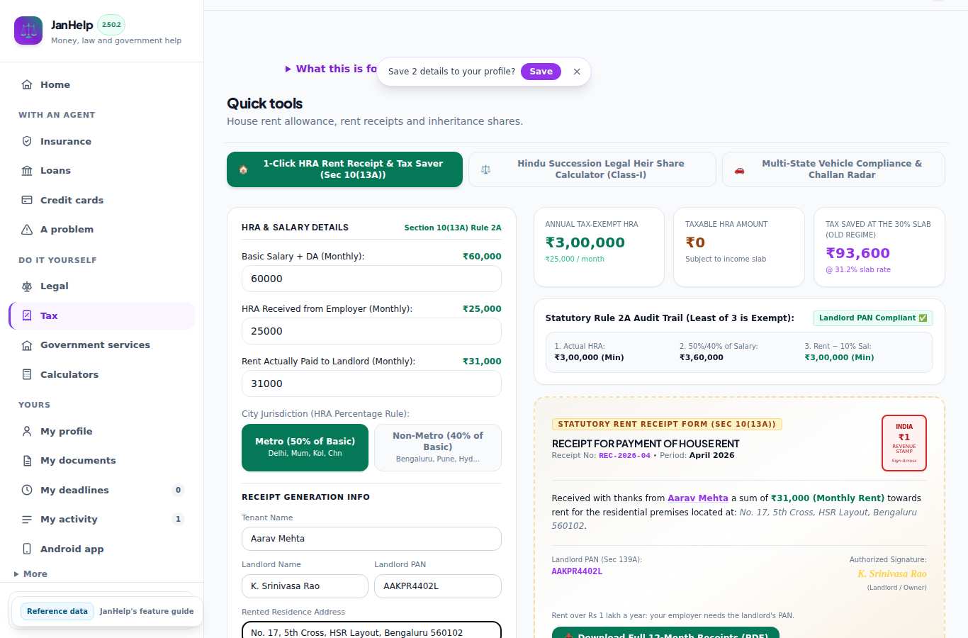 Aarav Mehta: Works out his HRA and makes rent receipts